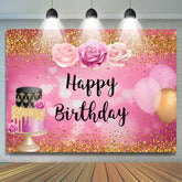 Gold Funkeln Blumen Luftballons Glücklich Geburtstag Hintergrund